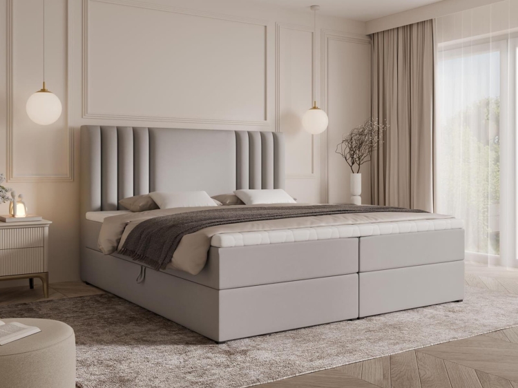 Szare łóżko kontynentalne w tkaninie welurowej LIVA