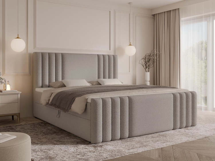 Łóżko kontynentalne w szarym odcieniu tkaniny boucle LIVA