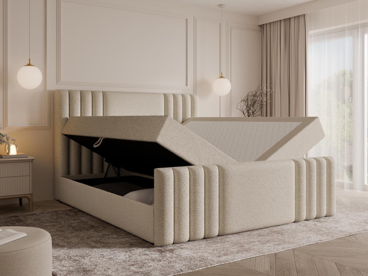 Łóżko kontynentalne w szarym odcieniu tkaniny boucle LIVA