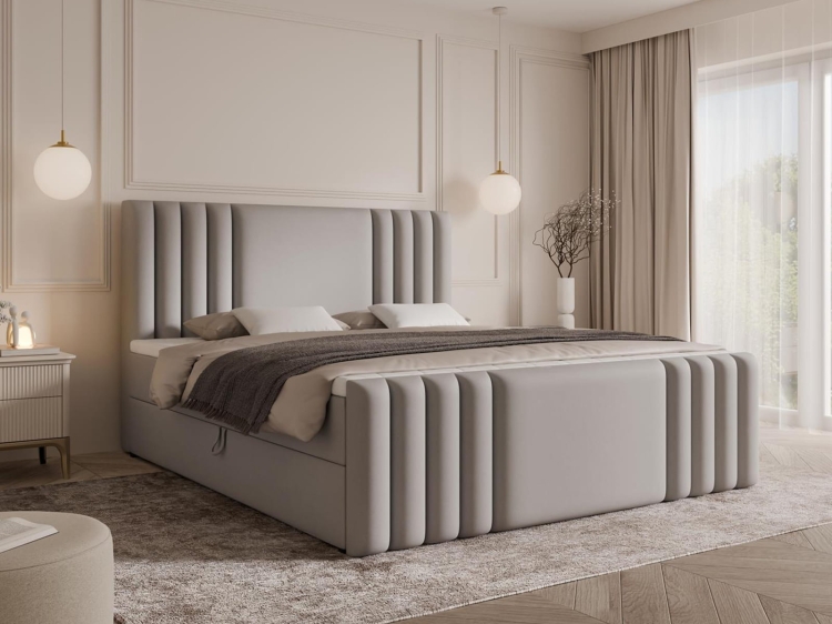 Wygodne łóżko kontynentalne w szarej welurowej tkaninie LIVA