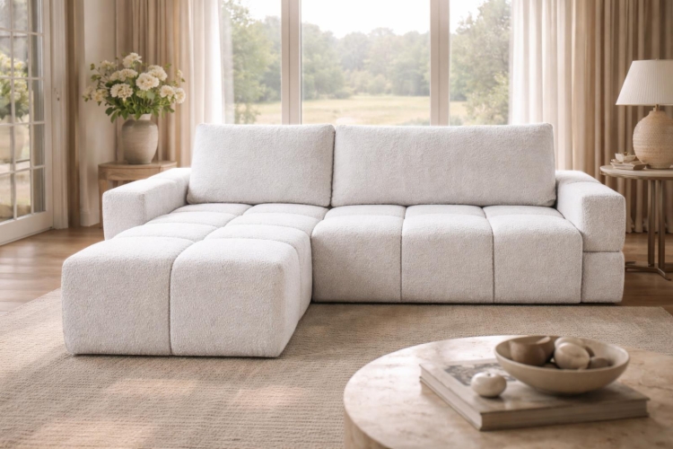 Elegancki biały narożnik rozkładany typu bubble 255 cm LORIN