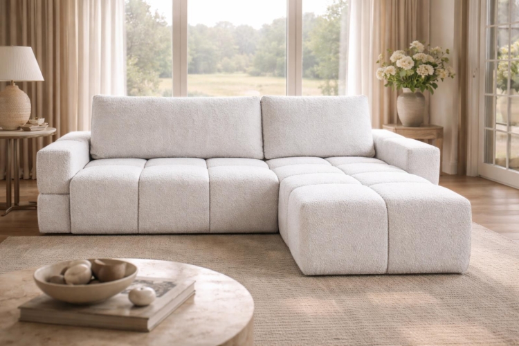 Elegancki biały narożnik rozkładany typu bubble 255 cm LORIN