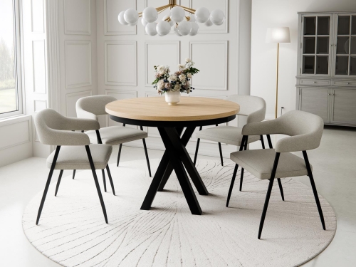 Modny stół do salonu okrągły noga krzyżak LOFTO DĄB HIKORA