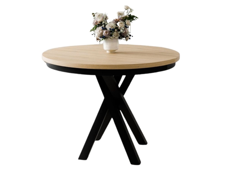 Modny stół do salonu okrągły noga krzyżak LOFTO DĄB HIKORA