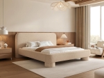 Beżowe łóżko z designerskim zaokrąglonym zagłówkiem KUMO