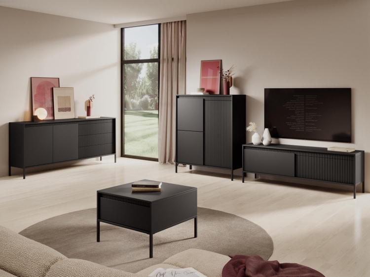 Mały ryflowany stolik kawowy z szufladą GAVINS CZARNY