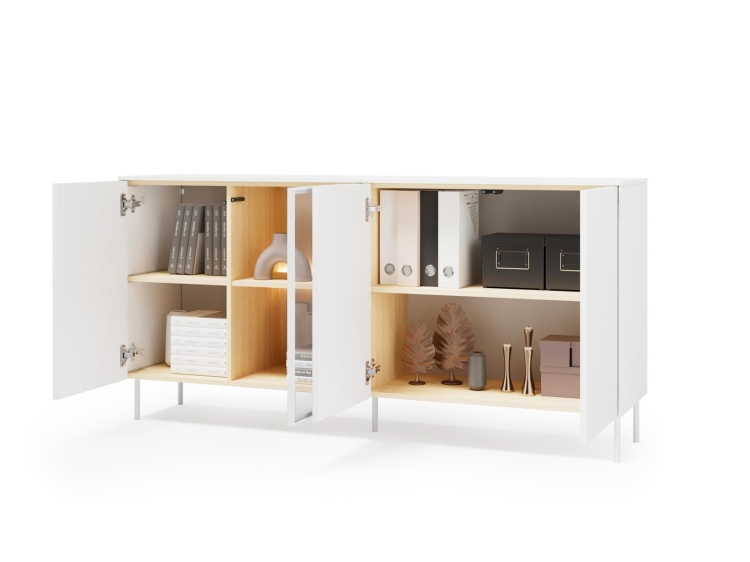 Biała komoda do salonu z przeszklonym frontem MILA