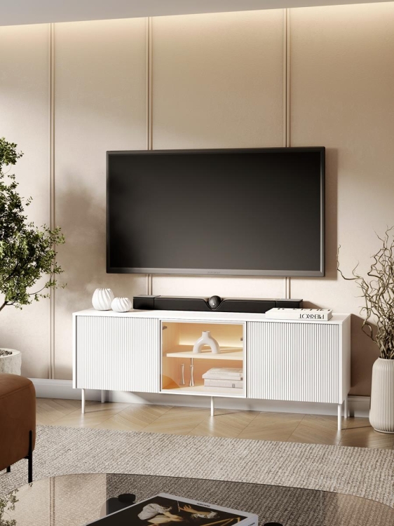 Ryflowana szafka RTV MILA na nóżkach BIAŁA