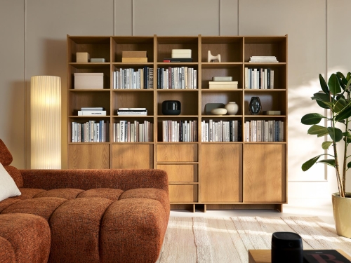 Minimalistyczny regał japandi dąb karmel 246cm KELLOS