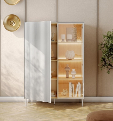 Nowoczesna witryna do jadalni LED MILA Biały jedwab/dąb