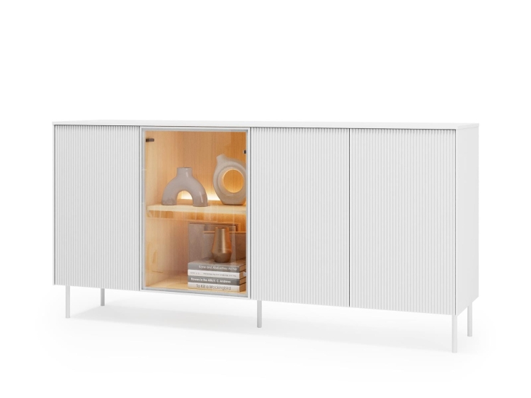 Biała komoda do salonu z przeszklonym frontem MILA