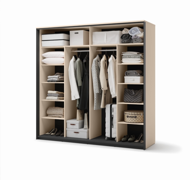 Duża beżowa szafa z lustrem 250 cm do sypialni ELLA