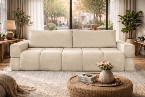 Sofa kremowa tapicerowana rozkładana do pokoju BIANCA