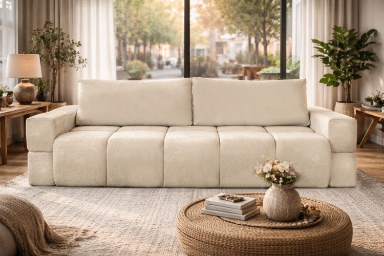 Sofa kremowa tapicerowana rozkładana do pokoju BIANCA
