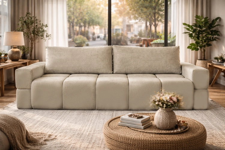 Beżowa sofa tapicerowana z funkcją spania BIANCA