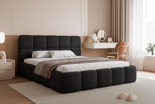 Eleganckie czarne łóżko tapicerowane w tkaninie boucle MICO