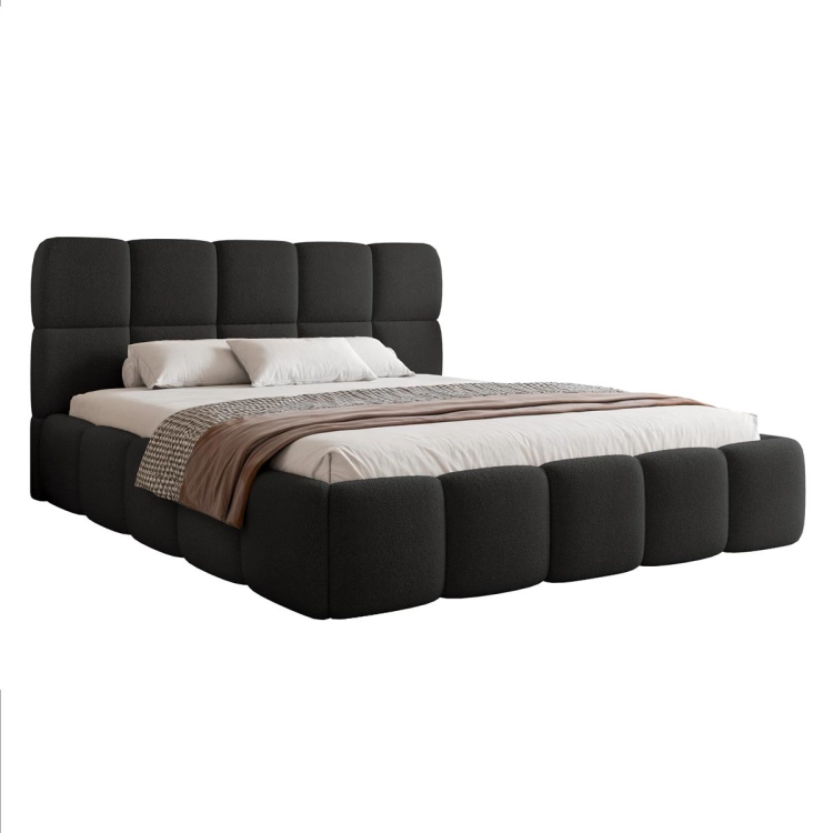 Eleganckie czarne łóżko tapicerowane w tkaninie boucle MICO