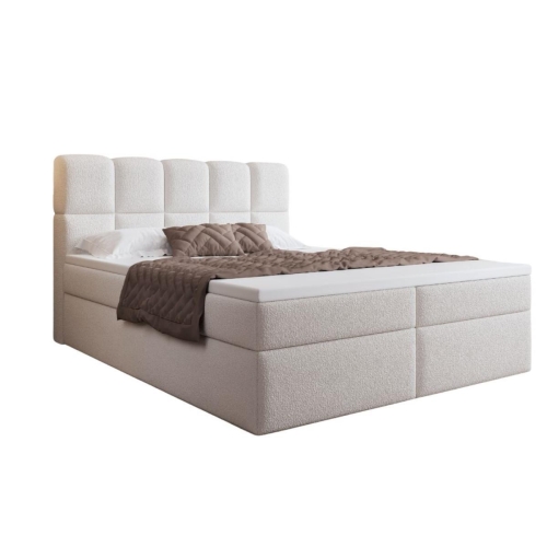 Eleganckie łóżko kontynentalne białe w tkaninie boucle PALEO