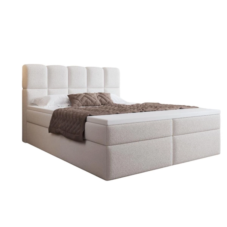 Eleganckie łóżko kontynentalne białe w tkaninie boucle PALEO