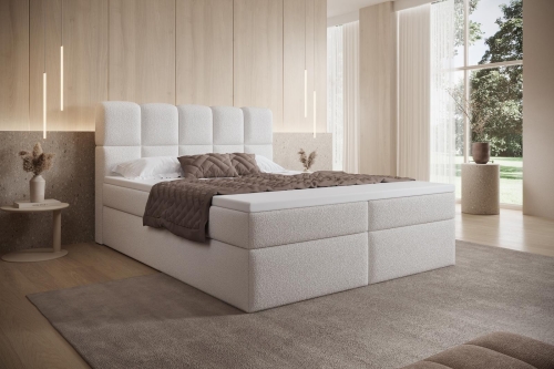 Eleganckie łóżko kontynentalne białe w tkaninie boucle PALEO