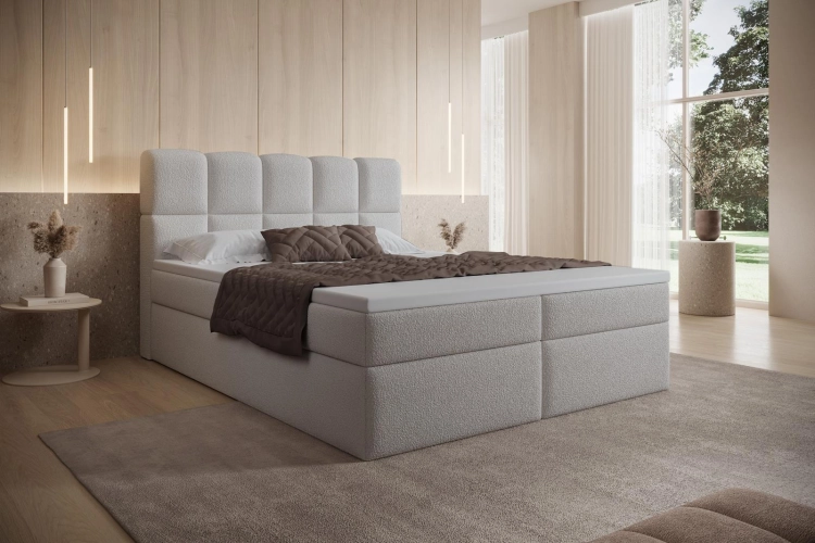 Luksusowe łóżko kontynentalne szare z dwoma skrzyniami PALEO