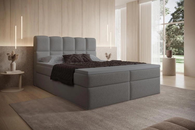 Designerskie grafitowe łóżko kontynentalne boucle z materacem PALEO