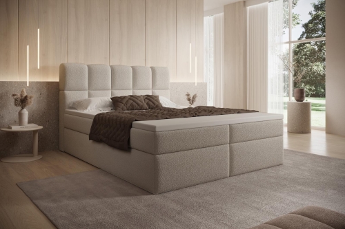 Beżowe łóżko kontynentalne z materacem i wysokim zagłówkiem PALEO