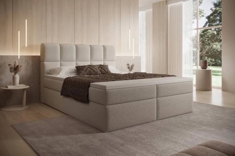 Beżowe łóżko kontynentalne z materacem i wysokim zagłówkiem PALEO
