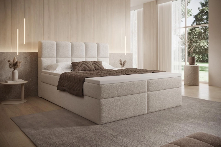 Łóżko kontynentalne z materacem w jasnym odcieniu beżu PALEO