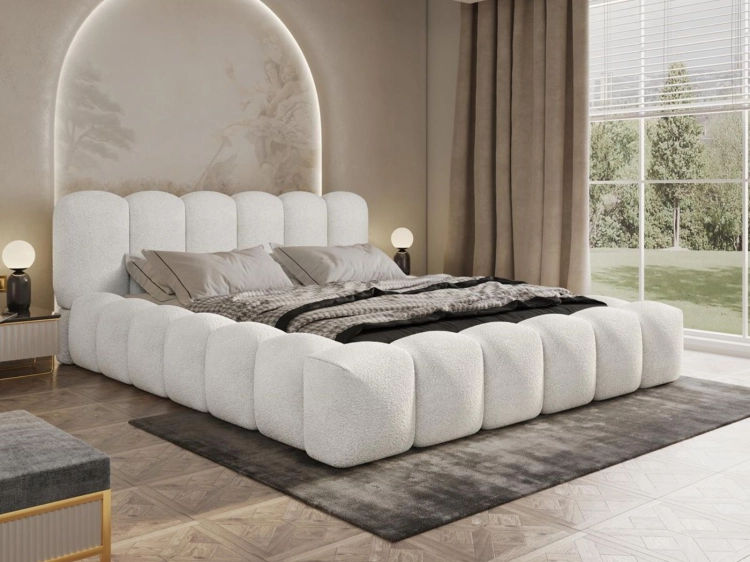 Białe modne łóżko tapicerowane baranek HERME