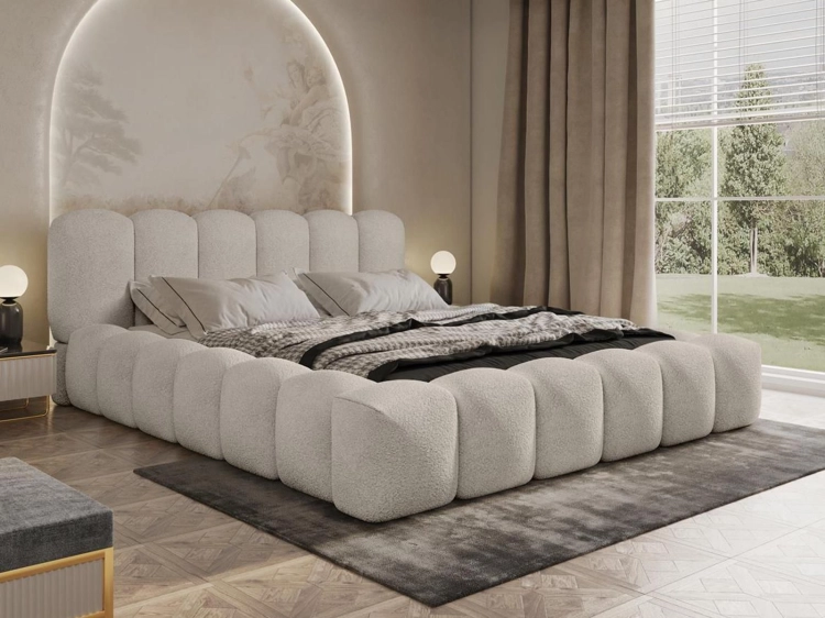 Łóżko tapicerowane tkaniną boucle HERME BEŻ