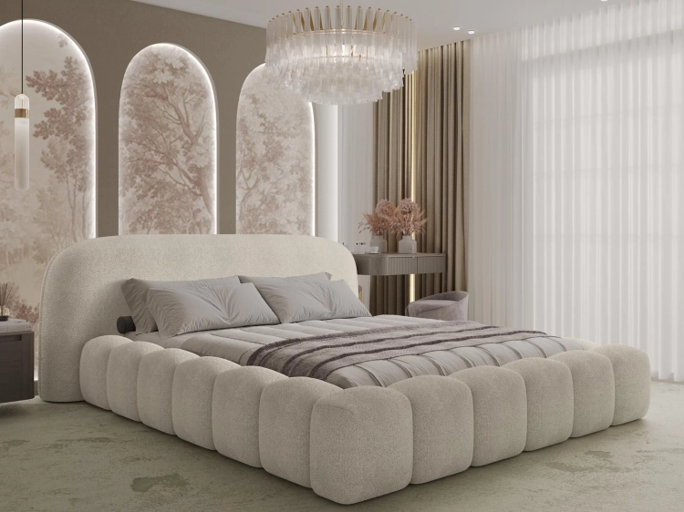 Ekskluzywne beżowe łóżko tapicerowane tkaniną boucle OMBI