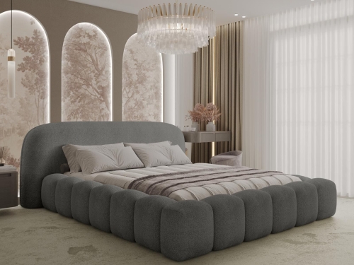 Eleganckie łóżko w ciemnej grafitowej tkaninie typu baranek OMBI