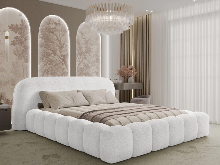 Luksusowe białe łóżko tapicerowane z zaokrąglonym zagłówkiem OMBI