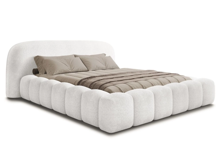 Luksusowe białe łóżko tapicerowane z zaokrąglonym zagłówkiem OMBI