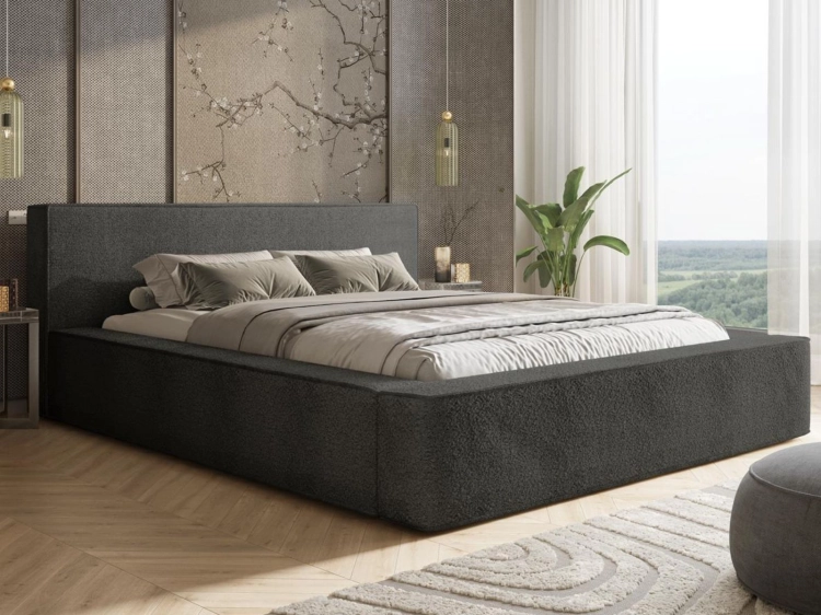 Designerskie łóżko grafitowe tapicerowane tkaniną baranek MAROK