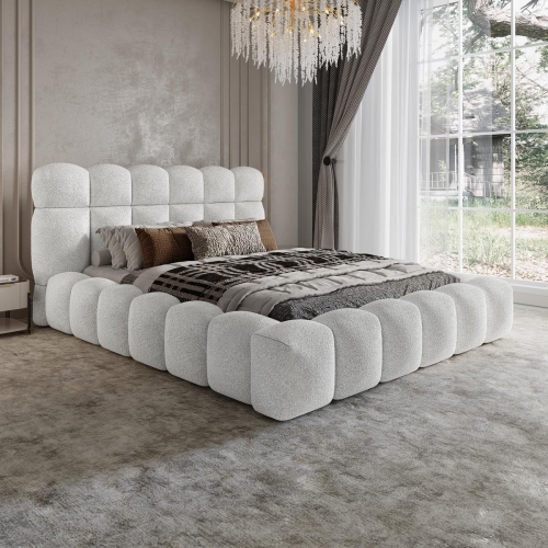 Eleganckie białe boucle łóżko do sypialni ASILA