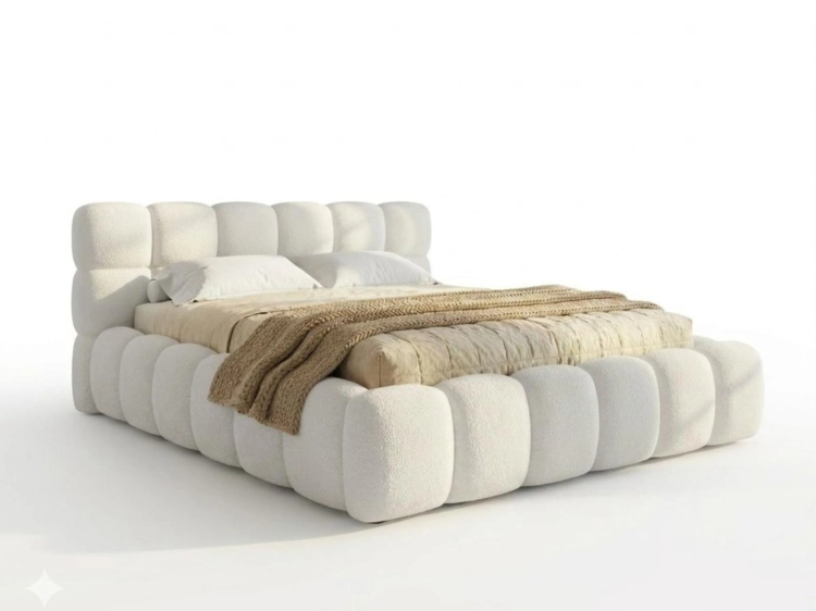 Białe zaokrąglone łóżko w tkaninie boucle BUBBLE III