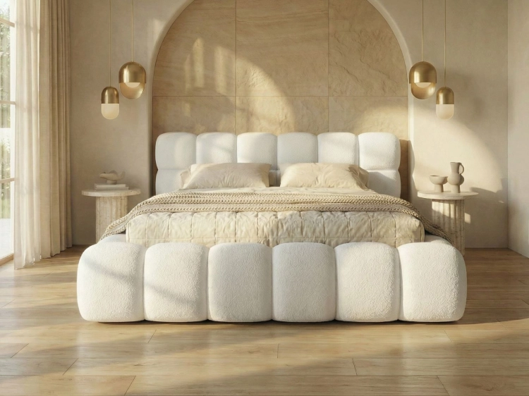 Białe zaokrąglone łóżko w tkaninie boucle BUBBLE III