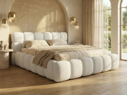 Białe zaokrąglone łóżko w tkaninie boucle BUBBLE III SLIM