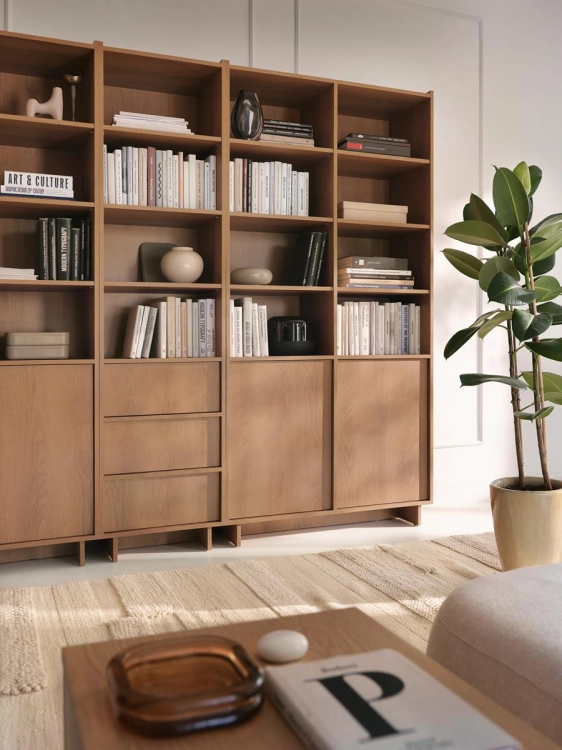 Minimalistyczny regał japandi dąb karmel 246cm KELLOS