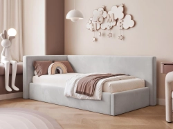 Szare łóżko do pokoju dziecięcego w tkaninie velvet LARI
