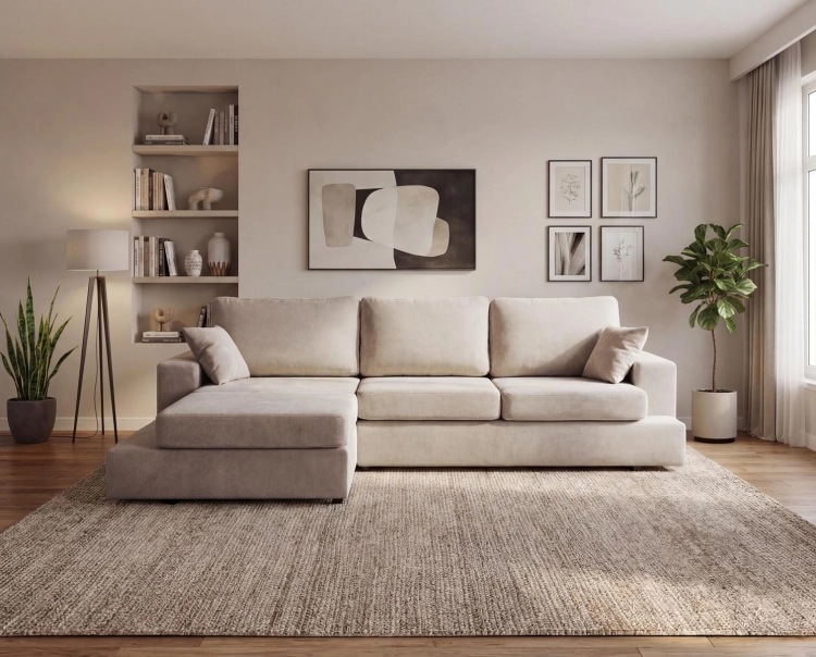 Minimalistyczny narożnik bez funkcji spania jasny beż ARCO