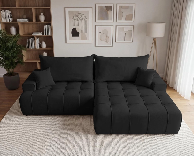 Elegancki czarny narożnik z szeroką otomaną OSLO