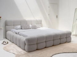 Szare łóżko tapicerowane tkaniną boucle bubble DALIA 
