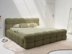 Designerskie łóżko w oliwkowym odcieniu tkaniny boucle DALIA 