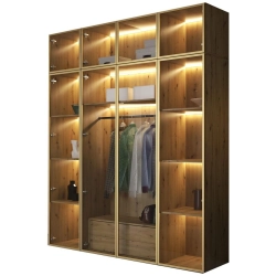 Duża szafa 200 cm przeszklona z LED dąb artisan ze złotą ramą  STELLO