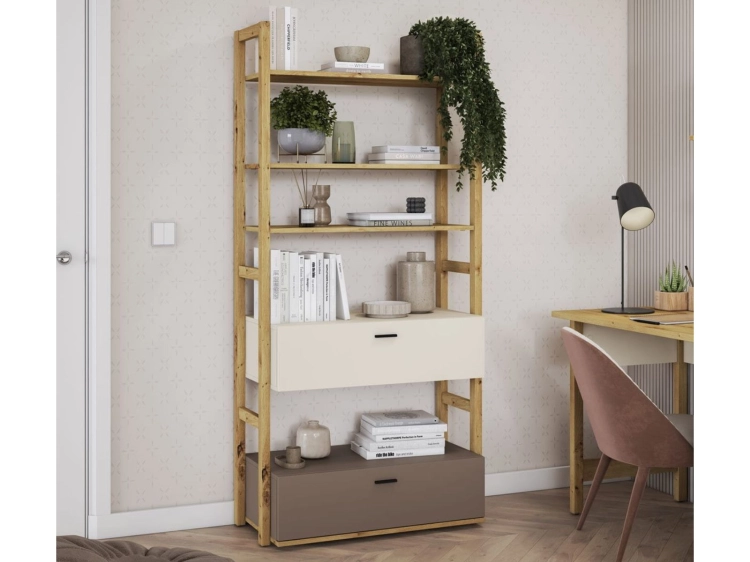 Stylowy regał z drewnianymi półkami w kolorze dąb artisan z 2 szufladami LAGOS