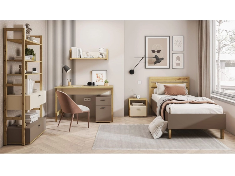 Stylowy regał z drewnianymi półkami w kolorze dąb artisan z 2 szufladami LAGOS