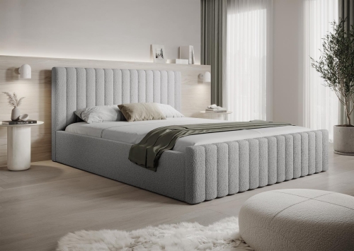 Łóżko tapicerowane tkaniną boucle